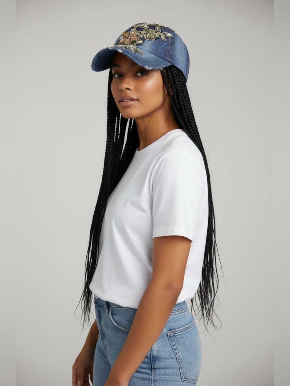 Denim Floral Embellished Baseball Cap - Blue
